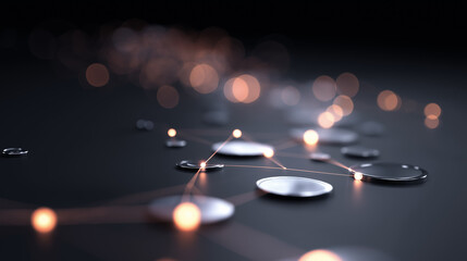 Abstract network connections with glowing nodes on dark surface showing futuristic data links and digital communication pathways in modern technology background