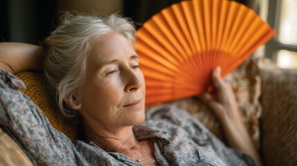 Elegant senior woman relaxing with a fan indoors