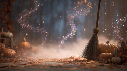 Enchanting Halloween pumpkins and broom with bokeh lights