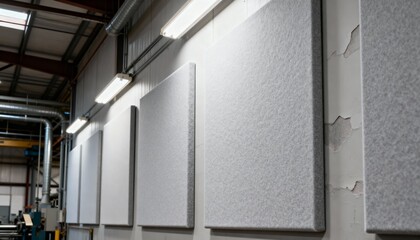 Medium shot of soundabsorbing panels installed on industrial walls to reduce operational noise in a factory setting.