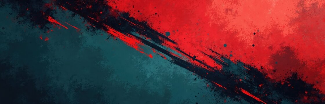 Abstract grunge art background with red, teal colors. Textured paint splatters, brush strokes create dynamic, energetic feel. This edgy design suits posters, banners for extreme sports, travel.