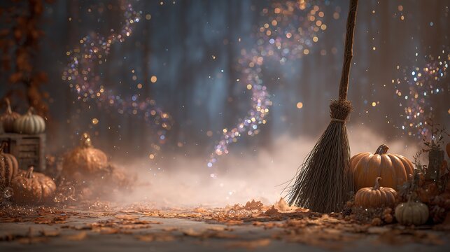 Enchanting Halloween pumpkins and broom with bokeh lights - Powered by Adobe