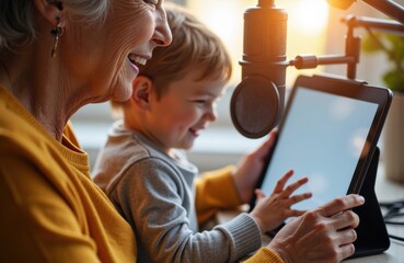 Woman with child in a recording studio using a tablet beside a microphone