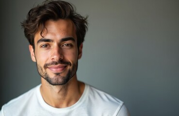 Obraz premium Portrait of handsome young man with beard smiling gently at camera. Confident guy with dark hair and brown eyes poses for headshot. Male model in white t-shirt is happy on grey background.