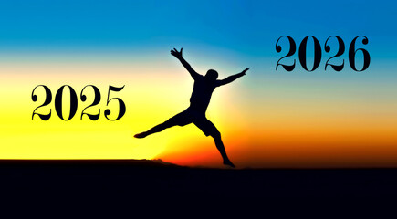 A silhouette of a man jumping at sunset between 2025 and 2026 New Year 2026
