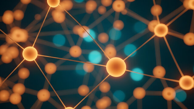 Complex network structure represented by interconnected spheres and lines forming an intricate design visualizing data