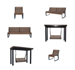 wooden bench, chair and swing isolated on a white background. outdoor furniture
