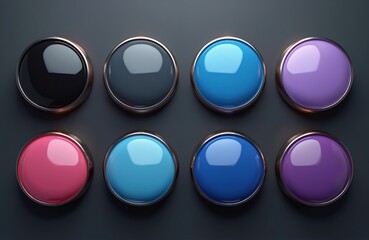 Round buttons in various colors shown in 3D render. Glossy buttons with metallic rims on dark backdrop. Graphic elements for apps, websites interfaces. Tech design element for modern navigation panel.