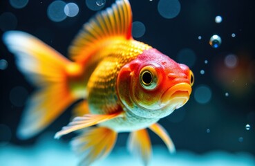 Fototapeta premium Goldfish swimming in clear water with bubbles and a soft blue background