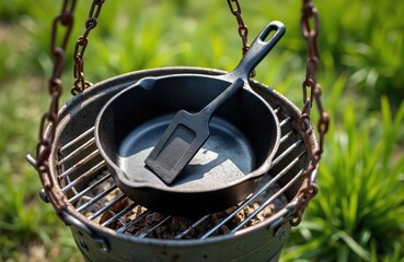 Cast iron skillet sits on camping grill grate. Picnic cooking pot with spatula, ready for outdoor meal preparation. Prepare BBQ food on portable stove. Cozy campfire dinner.