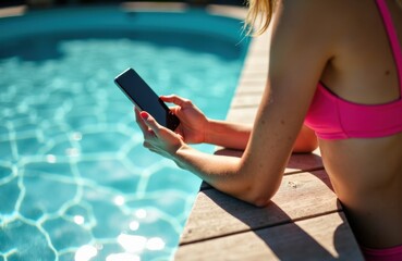 Woman at poolside using a smartphone on a sunny outdoor deck by the pool