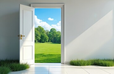 Fototapeta premium Open door reveals sunny green field. Sky is bright blue with white clouds. Fresh nature view from the house room. Concept of freedom opportunity, escape from problems and travel, landscape scenery.