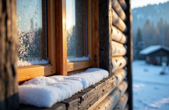 Winter cabin window with snow on the wooden sill and frosted glass by landscape