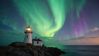 Coastal lighthouse stands bright under swirling green and purple aurora borealis. Waves gently crash on rocky shore below dark night sky with stars.