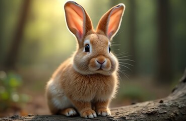 Fototapeta premium Small cute rabbit sits on tree log in green forest. Fluffy bunny with big ears looks forward in nature. Little furry animal outside in park. Wild creature in natural habitat enjoys calm, peaceful