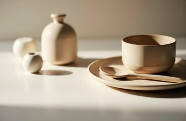 Ceramic dinnerware and vases arranged on a sunlit tabletop create a calm still life