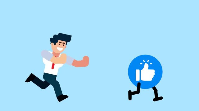 A businessman runs after a walking like button, symbolizing the pursuit of social media approval, popularity, or online success, on a blue background.

