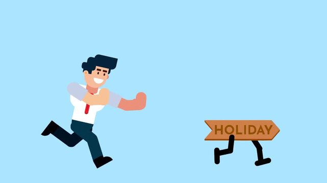 A businessman runs after a walking holiday sign, symbolizing pursuit of vacation, relaxation, work-life balance, or time off, on a blue background.

