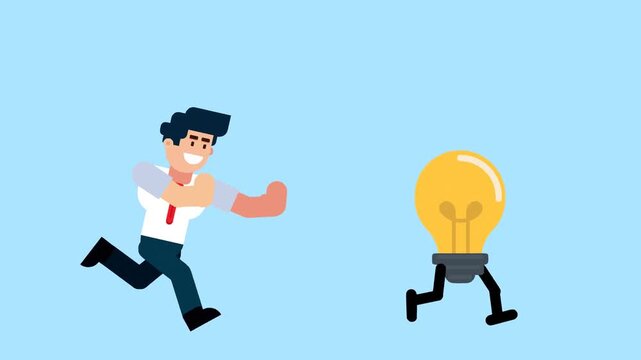 A businessman runs after a walking light bulb, symbolizing the pursuit of ideas, creativity, innovation, or inspiration, on a blue background.

