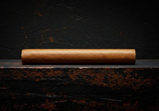 A long, unlit brown tobacco cigar rests horizontally upon a dark, highly textured, rustic background, suggesting contemplation and quality ,wrapper, contemplation, leaf
