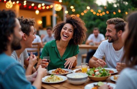 Friends sharing a lively outdoor dinner party with food, drinks, and laughter