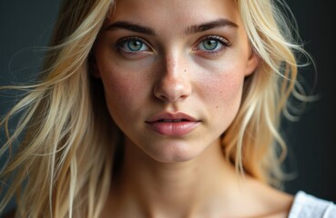 Naklejka premium Woman with piercing blue eyes gazes softly into the camera inviting connection