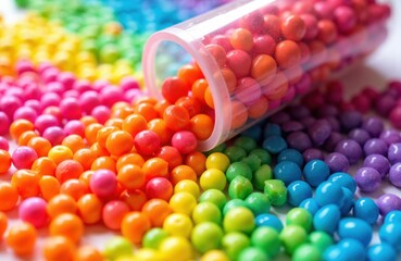 Colorful candy beads spill from a clear tube creating a vibrant rainbow display
