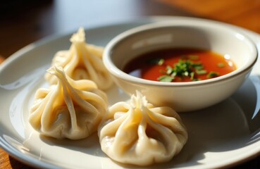 Dumplings on a plate with dipping sauce showcased in a warm restaurant setting