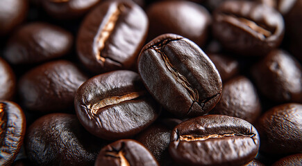 Close-up of dark roasted coffee beans showcasing rich textures and natural sheen, emphasizing the quality and freshness of the coffee for culinary and beverage enthusiasts