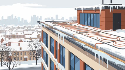 Roof melting system preventing heavy ice buildup on building during winter, vector  
