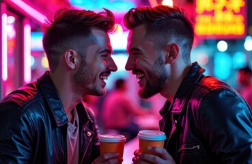 Two men share a laugh over coffee in a neon lit night market under pink blue lights