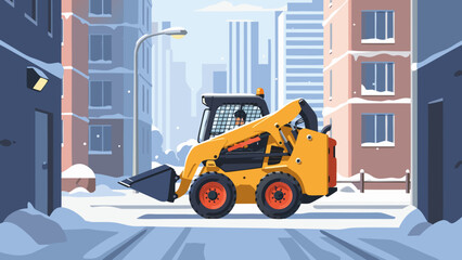 Skid steer navigating a narrow apartment complex in winter snow, vector 