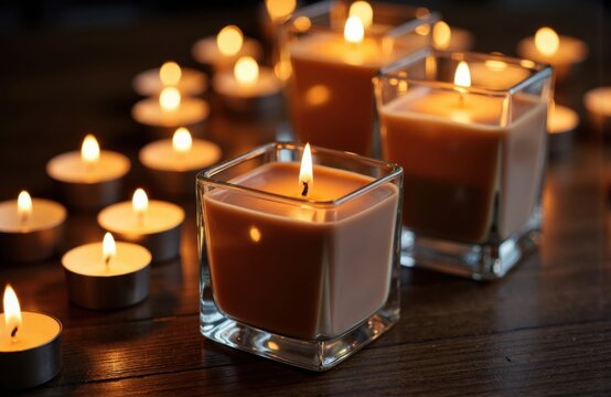 Candles glow warmly on a dark wood surface creating intimate ambiance and serene tone