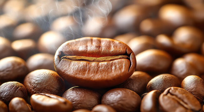 Close-up of roasted coffee beans with steam rising, showcasing rich textures and colors, highlighting the essence of freshly brewed coffee experience
