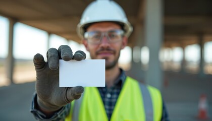 Male worker in hard hat, safety vest holds blank business card mockup at construction site. Pro builder presents empty white paper for company branding, contact info. Engineer in safety glasses