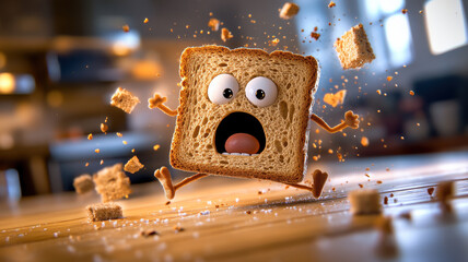 Slice of bread running from toaster, humorous and dynamic concept