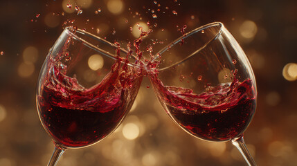 Cinematic close-up of two wine glasses clinking with splashing red wine and golden bokeh lights, creating a luxurious romantic celebration mood
