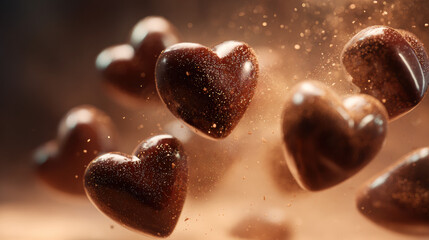 Glossy heart shaped chocolates floating in soft motion with cocoa dust and cinematic reflections, romantic sweet atmosphere
