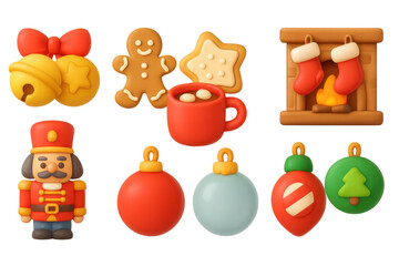 Obraz premium Festive christmas icon set featuring nutcracker, ornaments, and gingerbread for holiday design