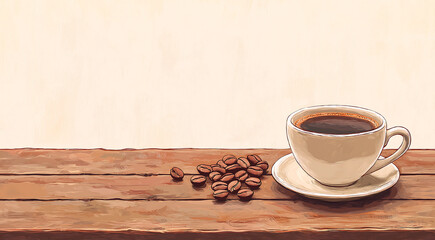 Coffee cup filled with dark brew sits on rustic wooden table beside scattered coffee beans, creating a warm and inviting atmosphere for coffee lovers and enthusiasts