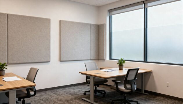 Medium shot of a quiet office space renovated with soundproofing elements to create a peaceful work atmosphere