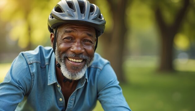 Smiling African American senior man wears helmet rides bicycle in park. Mature person enjoys outdoors, sunny day, healthy lifestyle, active retirement, nature bike ride. - Powered by Adobe
