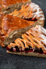 Warm berry pastry resting on a dark surface, its golden crust glistening. A slice reveals a rich filling of berries, inviting flavor and comfort for a cozy afternoon treat