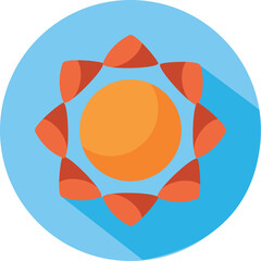 Stylized Sun Icon With Geometric Petals Set Against A Light Blue Circular Background And Long Shadow Casting