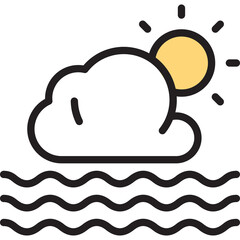 Stylized Sun Partially Obscured by a Fluffy Cloud Above Wavy Water Under Clear Sky