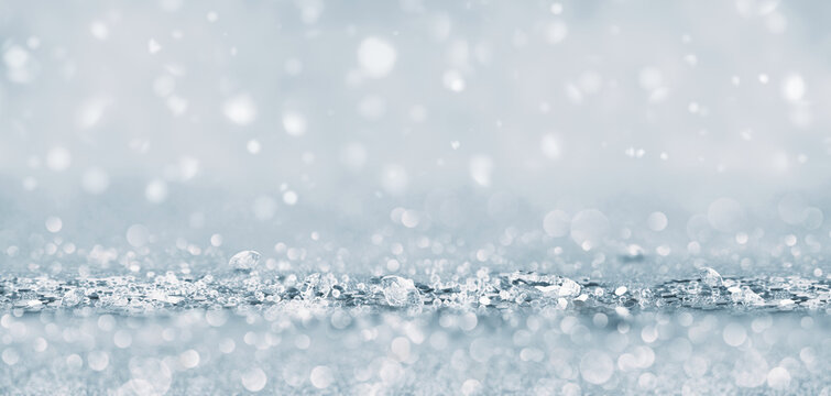 Frosty winter background with icy crystals and soft bokeh light. Cold seasonal texture in white and silver tones, perfect for holiday designs and festive themes - Powered by Adobe