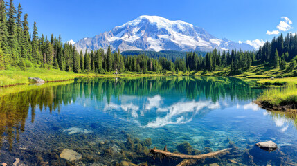 Fototapeta premium A stunning mountain lake with turquoise water, surrounded by snow-capped peaks and evergreen forests, reflecting a clear blue sky