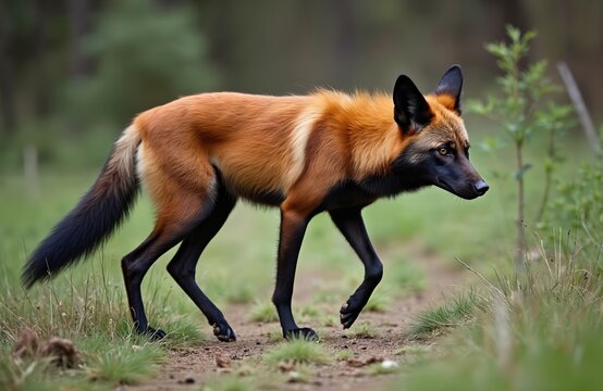 Maned wolf moves in nature. Wild animal walks at green forest. Red foxlike canid strides on the path through grass. It has long legs and distinct appearance. Canine explores habitat.