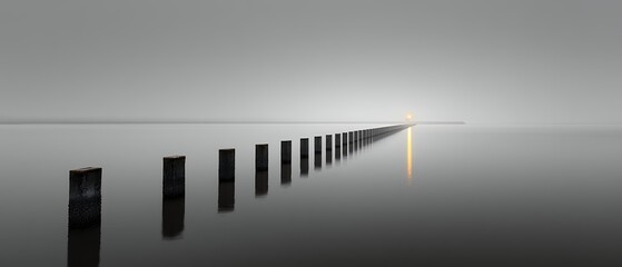 pier pylons receding into a misty horizon