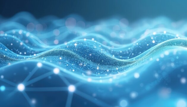 Illustration shows abstract blue waves connected by dots. Concept medical tech innovation. Background looks modern, futuristic, technological. Design represents data analysis, health care, research,